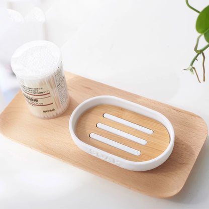 White/Bamboo Bathroom Accessories Set