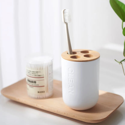 White/Bamboo Bathroom Accessories Set