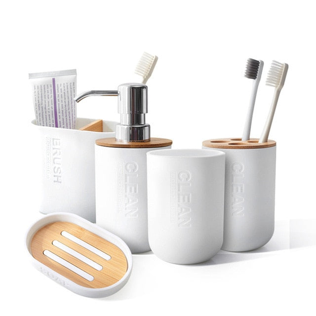 White/Bamboo Bathroom Accessories Set