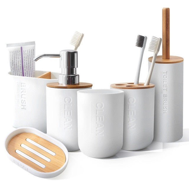 White/Bamboo Bathroom Accessories Set